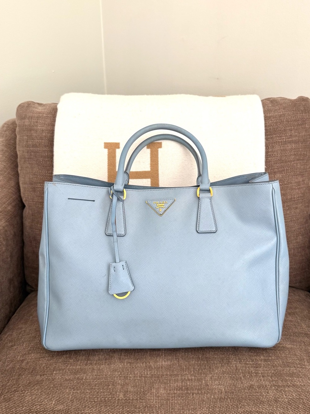 Authentic Prada Galleria Saffiano Light Blue Leather Tote Bag gold hardware